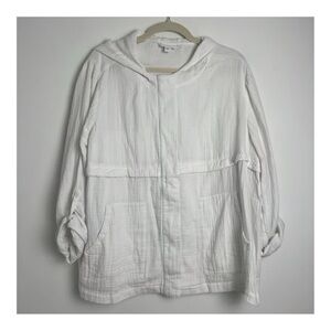 J.Jill Medium White Button Zip Up Hooded Lightweight 100% Cotton Casual Jacket